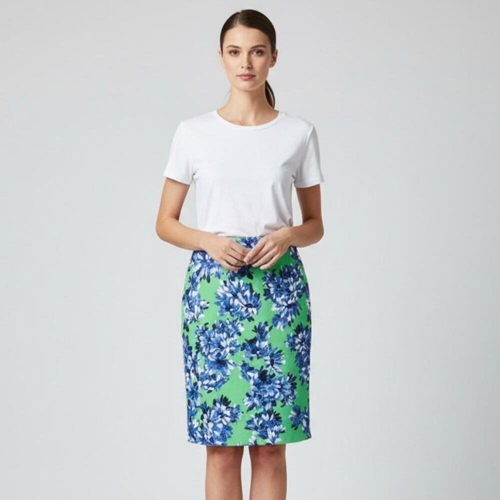J.Crew Roz Floral Pencil Skirt 6 Green Blue Textured Basketweave Tweed Slit